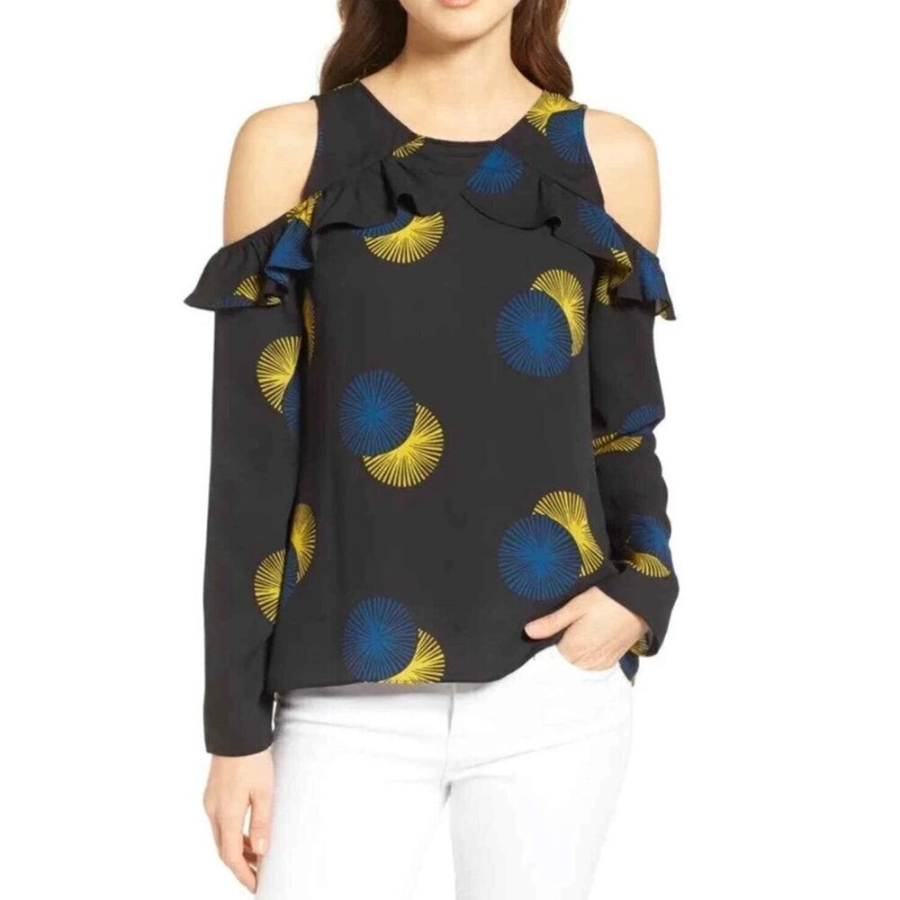 Trouve Black Cold Shoulder Ruffle Flounce Neck & Sleeve Blouse Women's Size XS